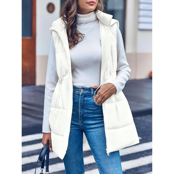 Womens Quilted Puffer Vests Hooded Sleeveless Long Outwear Jacket Zip Up Winter